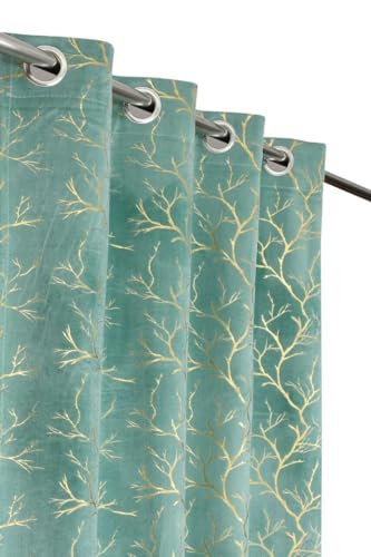 Image of Premium Heavy Velvet Fabric Foil Tree Design Room Darkening and 76% Blackout Curtains for Door 7 Feet, Light Aqua, 1 Piece Curtain
