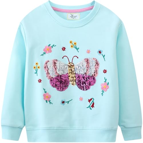 DHASIUE Girls Sweatshirt Jumper Butterfly Sequin Crewneck Cotton Long Sleeve Tops Shirts Pullover Kids Toddler Clothes Age 7-8 Years