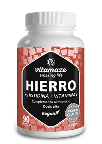 Hierro Suplemento Capsulas de Alta Dosis y Vegano, 20 mg con la Fórmula Vital + Histidina + Vitaminas para Biodisponibilidad Optima, 90 Cápsulas para 3 Meses, sin Aditivos, Calidad Alemana