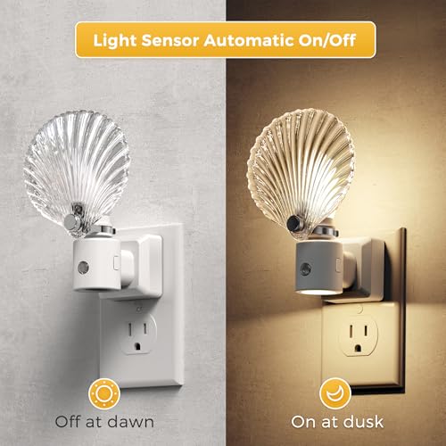 Image of L LOHAS LED Night Light, 2 Pack Night Lights Plug into Wall | Shell Style Glass Nightlight Rotating, Dimmable Nightlights with Light Sensor, Soft White Nightlights for Hallway Bedroom