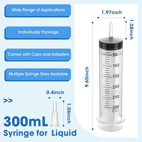 Image of 300mL Plastic Syringe for Liquid - 3 Pack Large Syringes with Adapter | Individually Wrapped for Scientific Labs, Feeding, Oil Filling