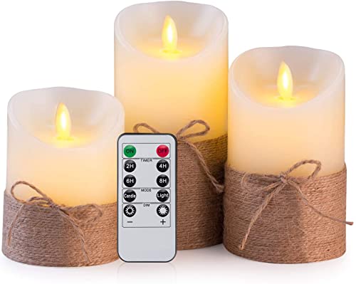 Image of LTETTES | Real Wax Hemp Rope LED Candles | Flameless Battery Operated with Remote Control | Set of 3 (3 inch D x 4 inch, 5 inch, 6 inch H) for Home Decor, Festivals, Diwali & Gifts