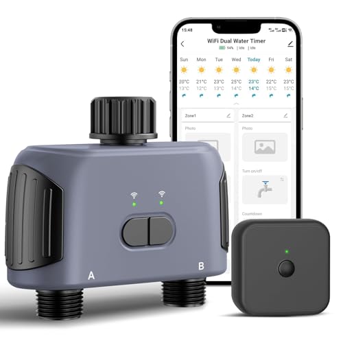 Timer per acqua, timer per irrigazione WiFi a doppia porta, timer automatico intelligente con controllo app, ritardo pioggia e visualizzazione del livello della batteria