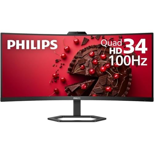 PHILIPS 34E1C5600HE 34" UltraWide QHD 21:9 Monitor with Built-in Windows Hello Webcam & Noise Canceling Mic, USB-C Docking, Stereo Speakers, 100Hz, 4-Year Advance Replacement