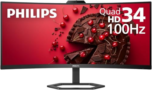 Philips 34E1C5600HE 34' UltraWide QHD 21:9 Monitor with Built-in Windows Hello Webcam & Noise Canceling Mic, USB-C Docking, Stereo Speakers, 100Hz, 4-Year Advance Replacement,Black