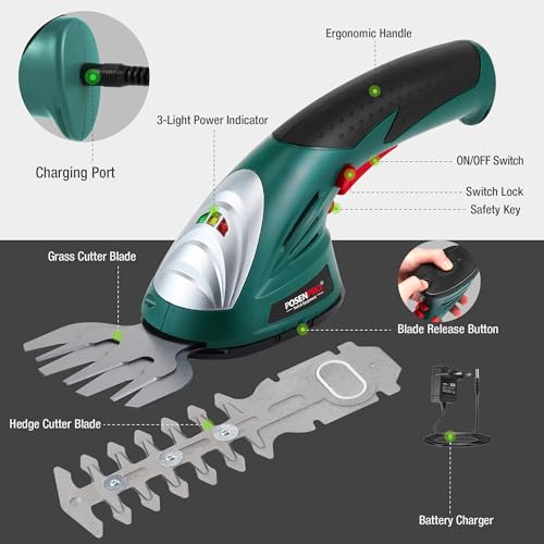 POSENPRO 7,2 V 2-in-1 Akku-Heckenschere & Rasentrimmer – Kabellose Hand-Strauchschere mit integrierter Lithium-Ionen-Batterie, Schnittbreite 100mm für Rasen und 200mm für Sträucher 2