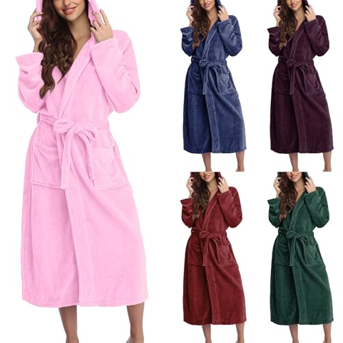 DUHGBNE long dressing gown women Dressing Gown Womens Fluffy Flannel Fleece Hoodie Ladies Bathrobe with Pockets Full Length Gowns Winter Cozy H womens winter gowns fleece extra thick