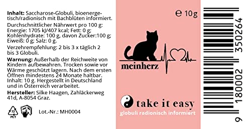 Mein HERZ Take it Easy Globuli - aus Liebe zu ihrer Katze - Natürliche Globuli bei Angst, Stress, Unruhe, Autofahrten, Urlaub, Unwetter und Lärm, bioenergetisch/radionisch mit Bachblüten informiert.