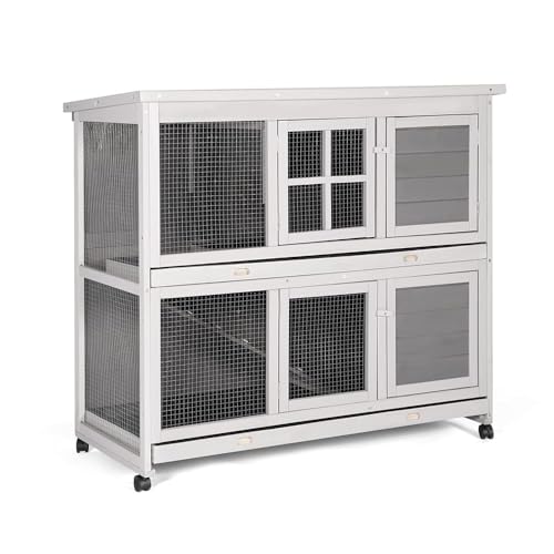 YODOLLA Clapier Lapin Exterieur sur roulettes, Clapier Lapin Interieur en Bois, Deux Étages & Plateau Amovible Rampe & Anti-Dérapante & Toit Étanche, 119 x...