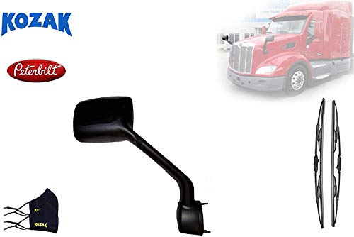 Kozak Aftermarket Replacement BLACK Hood Mirror Right (Passenger) Side ONLY for Peterbilt 579 Semi Trucks with Mounting Hardware and Peterbilt Logo, Windshield Wipers, Kozak Face Masks