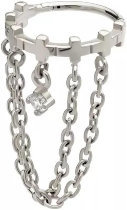 Pierced Owl 16GA 316L Stainless Steel Cross Lined with Double Dangling Chains and Gem Hinged Segment Clicker Ring - Image 3