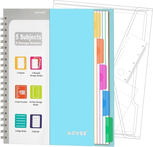 Image of 5-Subject Spiral Notebook, College Ruled, with Pocket & Tab Dividers | 300 Pages, 11 inch Ruler, 8.5 inchx11 inch Babyblue, Pocket Dividers with Tab Labels, for Writing Journal, Home, Office & School Supplies