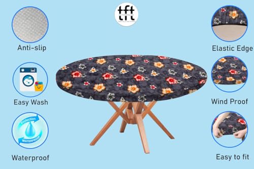 Image of The Furnishing Tree Round Elastic Fitted Dining Table Cover WxL 36x36 Inches Floral Pattern Grey