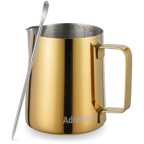 Image of Milk Frothing Pitcher, 350ml (12oz) Steaming Pitchers Stainless Steel Milk Coffee Cappuccino Latte Art Barista Steam Pitchers Milk Jug Cup with Decorating Art Pen, Gold