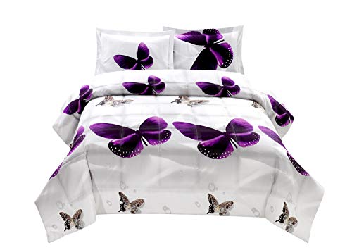 HIG 3D Comforter Set Twin - 2 Piece 3D Purple Butterfly Reactive Print