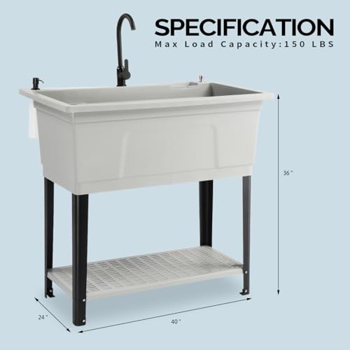 Image of Vingli 37-Gallon Freestanding Utility Sink with Faucet, 36 inch Heightened Basin for Laundry, Garage, Outdoor Garden, Pet Wash, Heavy Duty Plastic Laundry Tub with Storage Shelf, 40 inchLx24 inchWx36 inchH, Grey