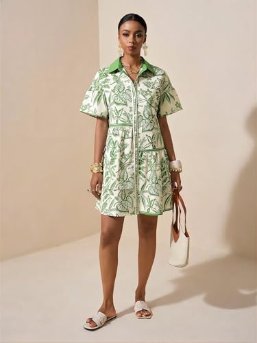 Image of SOLY HUX Women's Floral Button Down Shirt Dress Collared Short Sleeve Ruffle Babydoll Summer Boho Vacation Short Dresses
