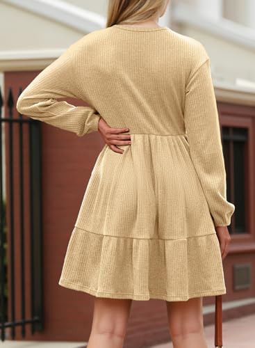 Image of Dokotoo Womens Dresses Long Sleeve V Neck Lightweight Ribbed Knit Empire Waist Casual A Line Swing Mini Dress