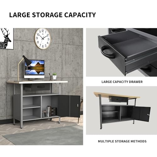 Image of Metal Heavy Duty Cabinet Workbench Set System, Included Pegboard Wall Cabinets Wood Table Top, for Garage Auto Repair Shops, Utility Room