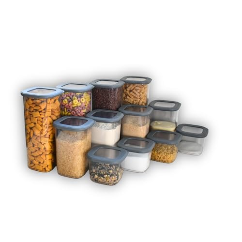 Vorratsdosen mit Deckel luftdicht diverse Sets Küchenorganizer BPA frei stapelbare Vorratsbehälter für sämtliche Lebensmittel "wie Zucker Mehl und Müsli" (Sparset (12er-Set) & 1x HLKauf-Block)