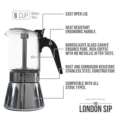 Image of The London Sip Glass and Stainless Steel Stovetop Espresso Maker Moka Pot Italian Coffee Percolator, Glass, Medium (10.14 oz)