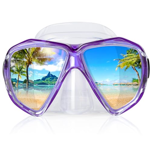Image of Snorkel Diving Mask Panoramic HD Swim Mask, Anti-Fog Scuba Diving Goggles,Tempered Glass Dive Mask Adult Youth Swim Goggles with Nose Cover for Diving, Snorkeling, Swimming (Clear Purple)