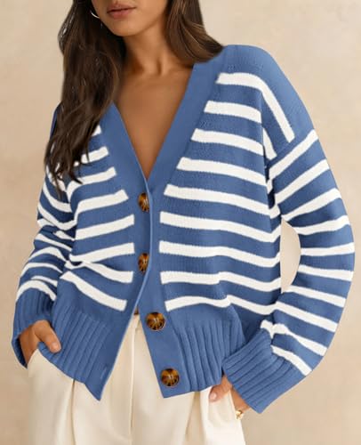 Image of PRETTYGARDEN Women's Long Sleeve Striped Open Front Cardigan Sweaters Button Down Knit Lady Jackets 2025 Fall Outfits