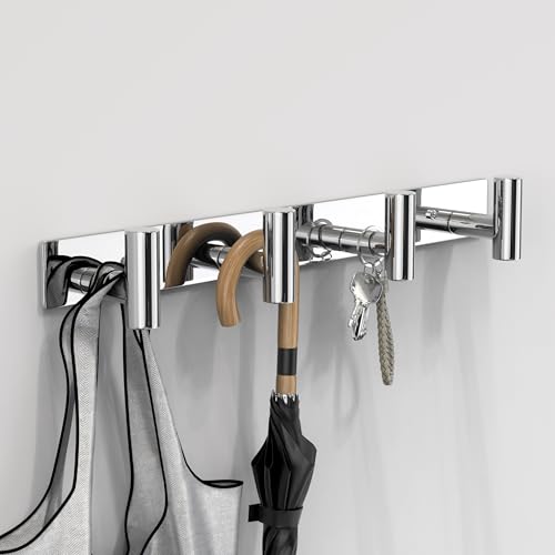 Image of VAEHOLD Hat and Coat Wall Mount Rack - Hooks for Robes, Bags, Keys, and Towels - Bathroom Towel Hanger Organizer (Polished Chrome, inchT inch Shape 4 Hooks 2 Pack)