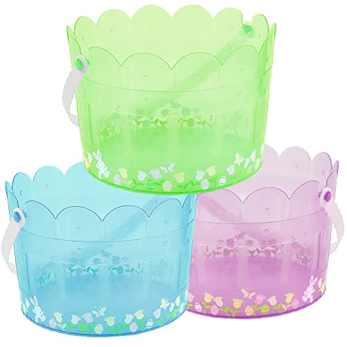 Zcaukya Easter Buckets for Egg Hunt, Set of 3 Clear Kids Easter Baskets with Handles, Empty Plastic Easter Pails for Easter Party Favors, Green, Blue, Purple