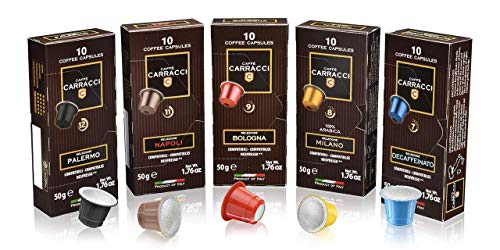 Caffè Carracci Nespresso, Gourmet Italian Espresso Variety Pack, 50 Pods, Medium & Dark Roast Blends, Nespresso Compatible Capsules, Delicious Nespresso Espresso Pods For Nespresso Original Line