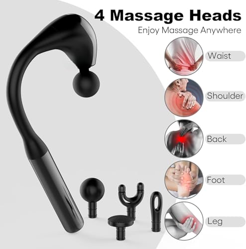Image of Handheld Deep Tissue Massage Gun with Long Reach Handle | 4 Interchangeable Massage Heads | 6 Speed Levels & 3 Massage Modes | Cordless Rechargeable Percussion Massager for Neck, Back, Shoulders, Legs & Feet