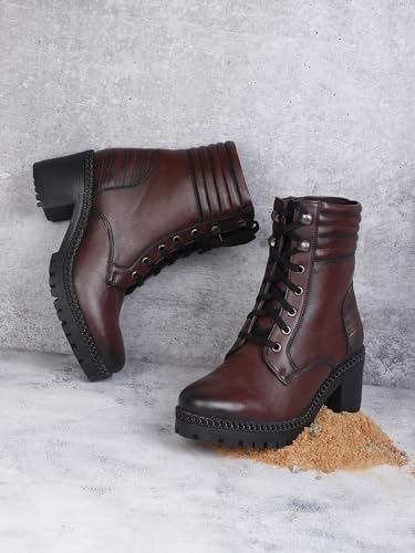Image of ELLE Women Lace-Up Combat Boot with Quilted Collar and Lug Sole