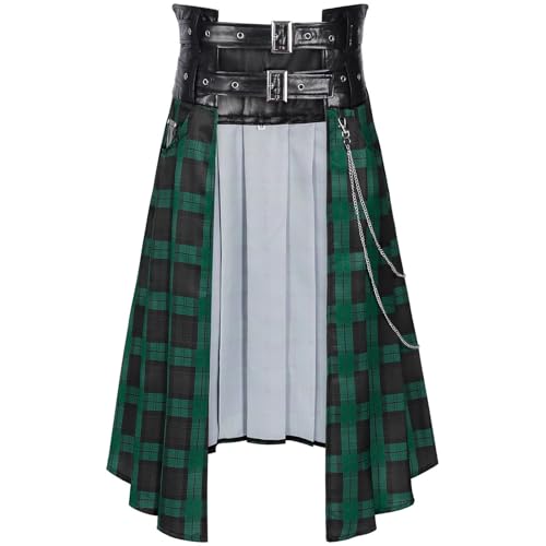 Falda escocesa para hombre, gótica, punk, a cuadros, falda escocesa, carnaval, disfraz, falda gótica, minifalda urbana, falda escocesa, medieval, steampunk, ropa plisada, verde, XXL