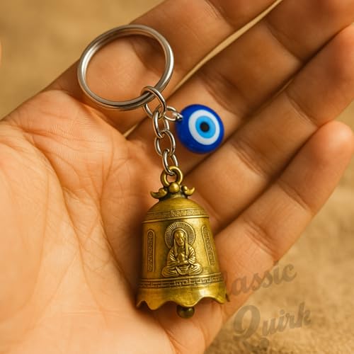 Image of Evil Eye Hooked Guardian Bell Keychain - Protective Lucky Charm Bell with Clip Hook for Bike, Car, Key & Bag | Spiritual Good Luck Talisman Gift