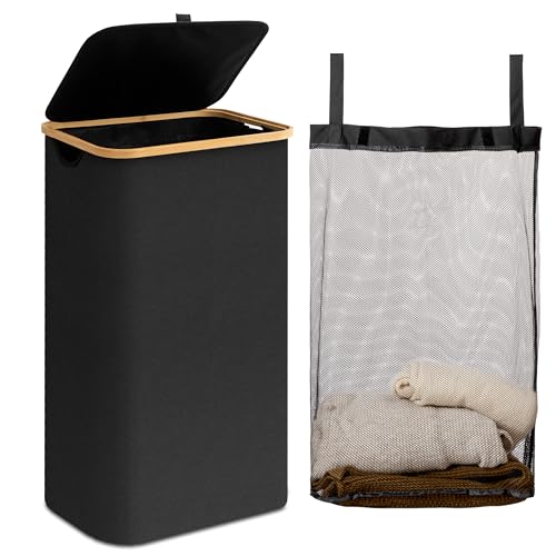 Laundry Hamper with Lid, 100L Large Laundry Basket with Bamboo Handles and Removable Inner Bag, Collapsible Dirty Clothes Hamper Laundry Bin for Bathroom, Bedroom, Dorm Laundry Room(Black)