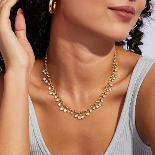KissYan Cubic Zirconia Charm Necklace for Women, 14K Gold Plated Beaded Chain Rainbow White CZ Necklaces Dainty Elegant Jewelry Gift3