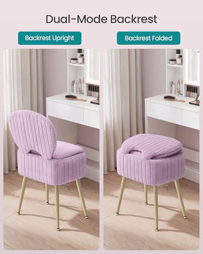 Image of SONGMICS Small Vanity Chair with Storage and Folding Back, Vanity Stool, Footrest Footstool Ottoman, Dressing Table Stool, Furry Padded Seat, for Makeup Room, Bedroom, Light Lilac ULOM532PE01