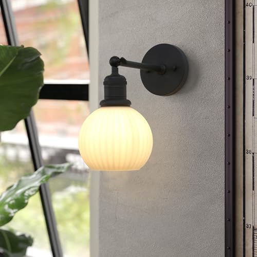 Image of Yosoan Boho Aged Vanity Bathroom Wall Sconce with Milk Shade, 1-Light Indoor Hardwired Wall Mounted Vintage Industrial Fixture Lights with Ribbed Round Glass Lamp for Bedroom Living Room(Black)