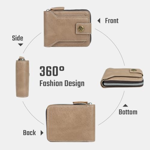 Image of Men Wallet, Vintage PU Leather Multi-Card Zipper Wallet with 8 Card Slots and Coin Pocket Large Capacity Buckle Credit Card Holder Wallet with Zipper (C, Light Brown)