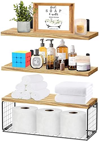 Szkiuqe Bathroom Shelves, Floating Bathroom Shelves Wall Mounted with Storage Basket, Bathroom Shelves Over Toilet, Rustic Wood Floating Shelf for Wall Décor, Shelves for Bathroom– Light Brown