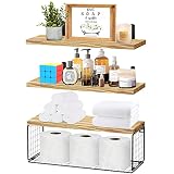 Szkiuqe Bathroom Shelves, Floating Bathroom Shelves Wall Mounted with Storage Basket, Bathroom Shelv