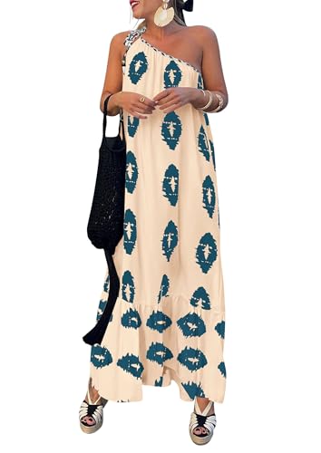 PRETTYGARDEN Women's 2026 Summer One Shoulder Maxi Dress Printed Flowy Boho  Long Sundresses Spring Beach Vacation Clothes (Apricot Blue Floral,Small)  at Amazon Women's Clothing store