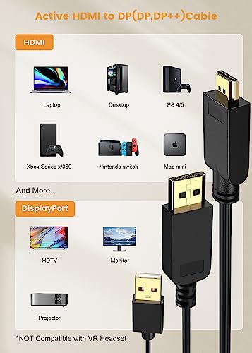 4K HDMI to DisplayPort Cable, HDMI to DP Cable 6.6FT, 4K@60Hz/2K@144Hz, Unidirectional HDMI Source to DP Display