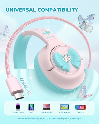 Image of iClever C371 USB C Headphones for Kids, 85dBA Safe Sound, Over-Ear Foldable Kids Headphones with Cord, Boys Girls Toddler Headphones for School Travel Chromebook Tablet iPad, Cloud Pink