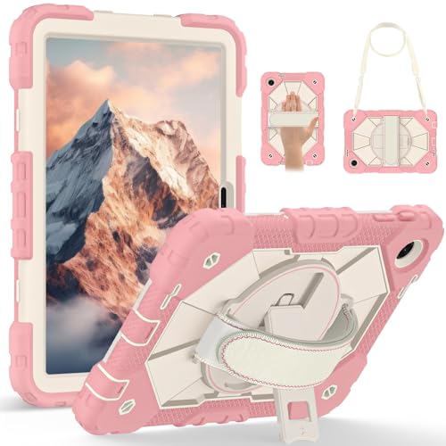 For T-Mobile Revvl Tab 2 2025 Lanzado 10.1 pulgadas Estuche resistente a prueba de golpes Cubierta PC silicona híbrida con soporte giratorio 360 ​​​​°, antiarañazos, hombro ajustable(Rose Gold)