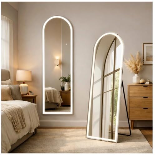 Image of HD Glass LED Mirror Full Length with Stand, 18 inchx60 inch Full Body Wall Mirror with LED Lights 3 Color Lighting, Hanging or Leaning, Floor Standing, Modern Simple Home Wall Decor