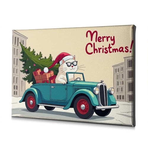 Tableau chat de Noël en voiture : décoration murale rustique pour salon cocooning