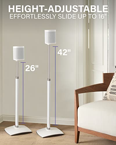 Sanus Adjustable Height Wireless Speaker Stands Designed For Sonos One, One Sl, And Play:1 - Tool-Free Adjustment Up To 16" And Built-In Cable Management - White / Pair #TOP1