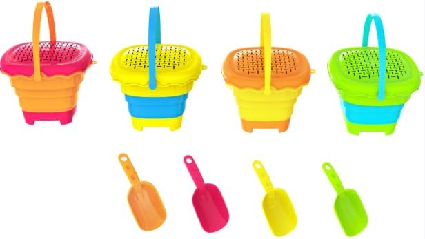 OCHIDO Collapsible Beach Sand Bucket with 4 Silicone Collapsible Sand Buckets & 4 Shovels & Mesh Bag