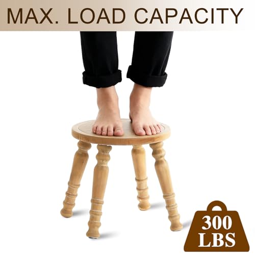 Image of 100% Solid Wooden Step Stool, Small Wooden Stool for Adults, Wood Plant Stools, Small Round Stool for Bathroom, Kitchen, Bedroom, Plant Stand